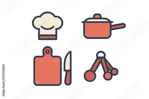 Essential kitchen cooking utensils, chef hat, cutting board, knife, and measuring spoons for culinary preparation