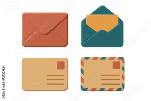 Collection of stylized mail icons featuring closed and open envelopes alongside various postcards for communication and messaging concepts