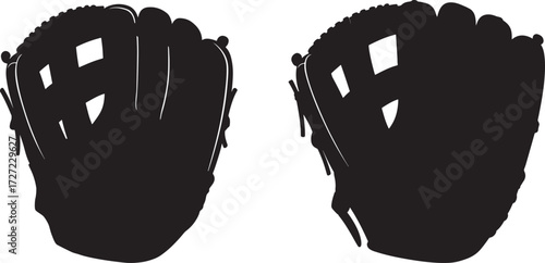 Two black baseball gloves in silhouette against a white background