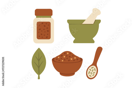 Assortment of culinary spices, fresh herbs, and kitchen tools for preparing delicious meals and enhancing flavors