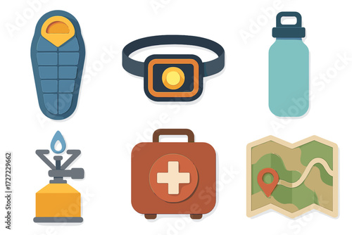 Essential camping and hiking equipment: sleeping bag, headlamp, water bottle, stove, first aid kit, map