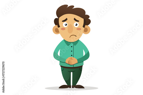 Sad Cartoon Man with Worried Expression Clasping Hands in Front of His Stomach
