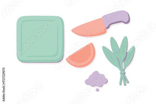 Cooking preparation items including a serving plate, knife, citrus wedge, green herbs, and powdered seasoning