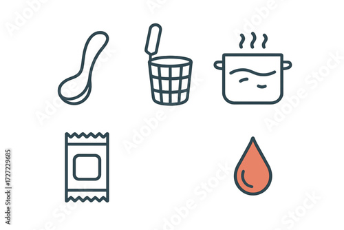Outline icons of kitchenware, cooking pot, ladle, colander, food packet, and liquid drop for culinary and food related design concepts and web elements