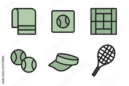 Tennis sport equipment and court layout with racket, balls, towel, and visor for game activity