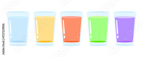 collection of various colorful drinks in clear glasses, perfect for food, beverage, and refreshment design.