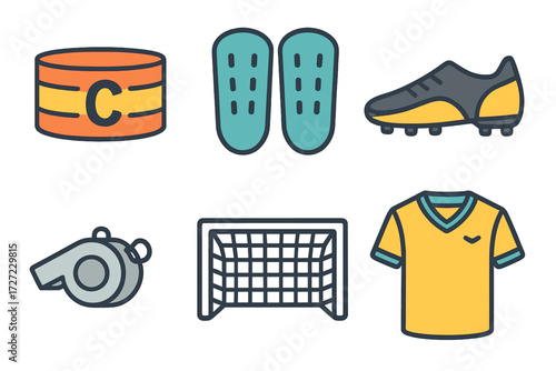 Essential football game equipment set featuring a captain armband, shin guards, soccer cleats, a whistle, a goal net, and a player jersey