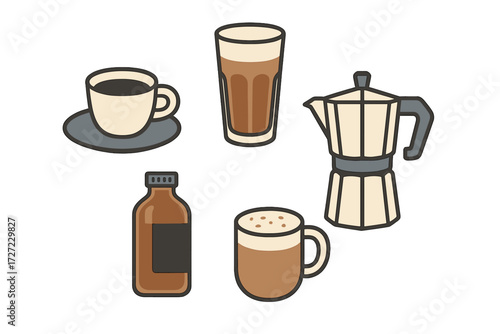 Collection of coffee beverages and brewing equipment including moka pot, espresso cup, and cold brew bottle
