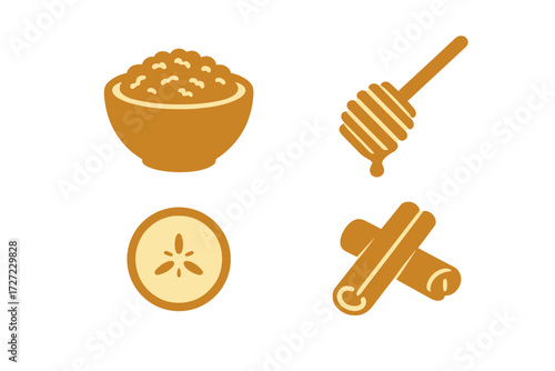 Healthy breakfast items with oatmeal, honey dipper, apple slice, and cinnamon sticks for a nutritious morning meal