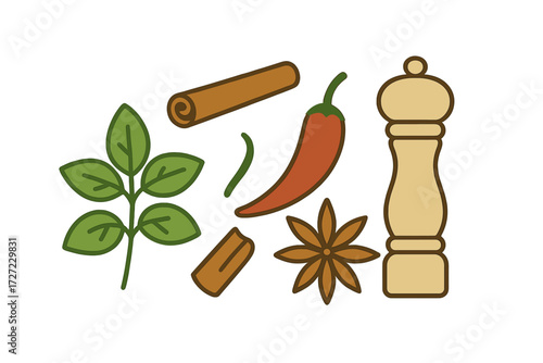 Assortment of vibrant culinary spices and fresh herbs with a pepper mill for cooking and seasoning food ingredients