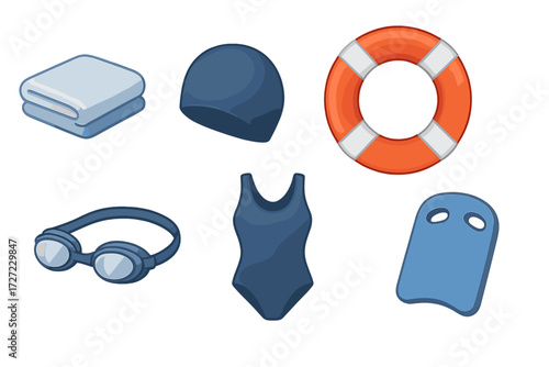 Set of swimming pool and beach accessories including towel, swim cap, goggles, swimsuit, lifebuoy, and kickboard
