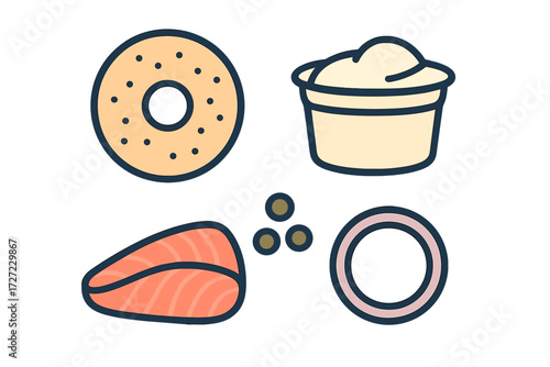 Delicious bagel sandwich ingredients including cream cheese, smoked salmon, red onion, and capers arranged for a gourmet breakfast