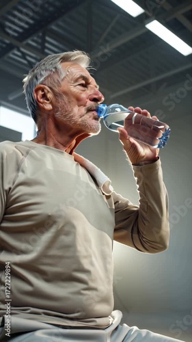 elderly positive man drinks water from a bottle in a gym