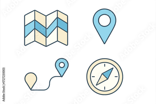 Essential travel and navigation icons including a folded map, location markers, a defined route, and a directional compass