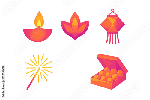Diwali festival elements including traditional diya lamp, decorative lantern, sparkler, lotus flower, and box of Indian sweets