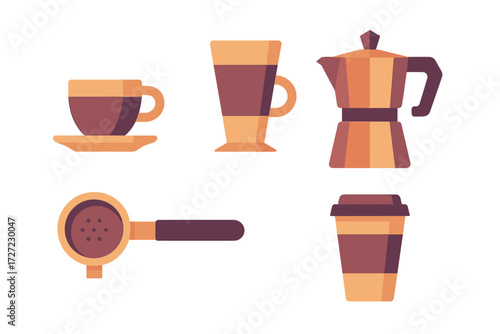 Assortment of coffee preparation tools and serving cups including a moka pot and espresso portafilter