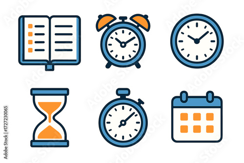 Collection of time management and productivity icons including clocks, calendar, hourglass, and checklist book