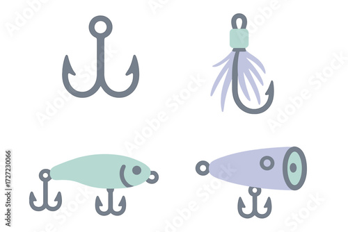 Assortment of fishing gear including single hooks, treble hooks, feathered lures, and artificial fish baits