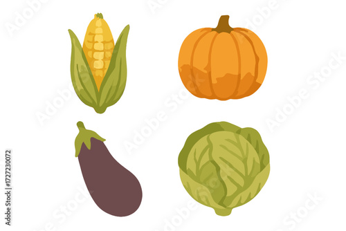 Collection of fresh garden vegetables including corn, pumpkin, eggplant, and cabbage for healthy eating and cooking
