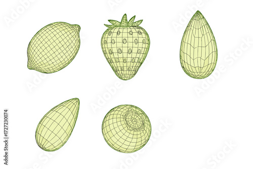 Assortment of wireframe fruit shapes including strawberry, lemon, almond, and blueberry with geometric mesh lines on white