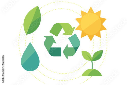 Environmental sustainability with recycling symbol, green leaf, water droplet, sun, and plant sprout for ecological balance and renewable resources