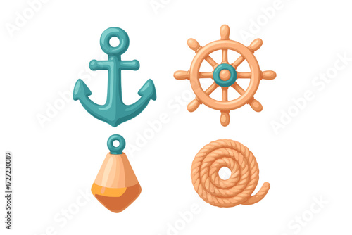 Vibrant collection of marine and sailing elements featuring an anchor, ship's wheel, buoy, and coiled rope