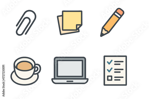 Modern flat design icons representing essential office supplies, digital workspace tools, and daily productivity items