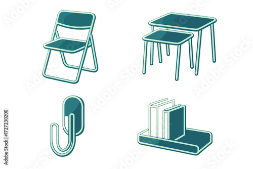 Modern household furniture and organization items including a folding chair, two tables, a wall hook, and a book stand