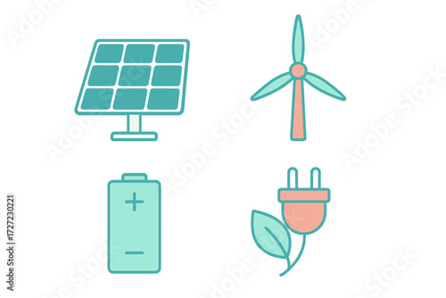 Modern flat design symbols for renewable energy, sustainable power generation, battery storage, and eco-friendly electricity