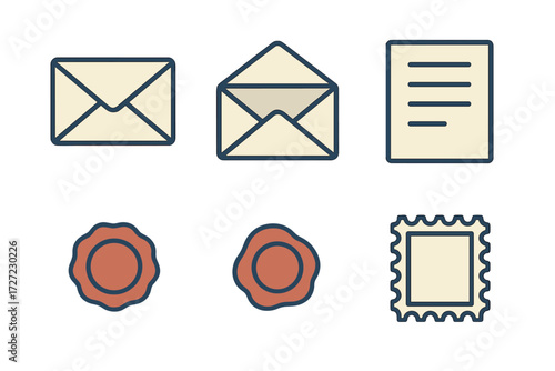 Essential mail and communication symbols, including envelopes, a letter, wax seals, and a postage stamp