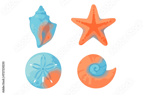 Colorful watercolor style collection of diverse seashells and starfish marine life elements for ocean themes
