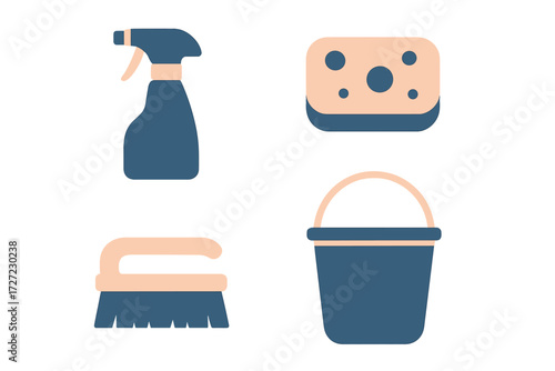 Essential household cleaning tools including a spray bottle, scrubbing sponge, utility brush, and water bucket