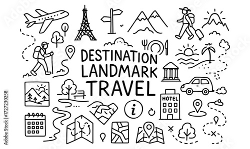 Doodle travel adventure: icons of exploration and travel destinations
