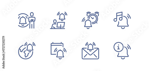 Notification icon set, alarm clock, calendar reminder, message alert, phone ring, delivery notification, time reminder, reminder bell, schedule alert, linear vector illustration.