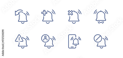 Notification icon set, alarm clock, calendar reminder, message alert, phone ring, delivery notification, time reminder, reminder bell, schedule alert, linear vector illustration.