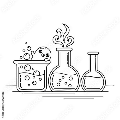 A whimsical laboratory scene featuring three unique glass containers with bubbling liquids and playful elements.