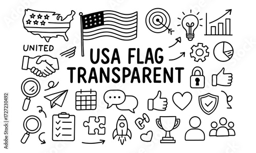 United states icons set: hand drawn elements with usa flag and symbols