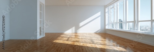 Large empty room with a white wall and wooden floors
