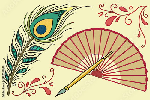  peacock feather, traditional indian fan, gold paint brush, calligraphy, traditional indian patterns, colorful, vibrant, intricate details, ornate, decorative