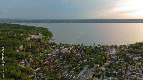 Herrsching am Ammersee aerial view with lake, yachts, boats, coastline, summer vibes, scenic landscape, Bavarian lake, clear sky, waterfront, nature lovers, relaxation, travel destination near Munich.