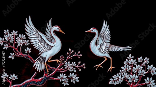 Elegant Korean lacquerware art with cranes and floral patterns on black background