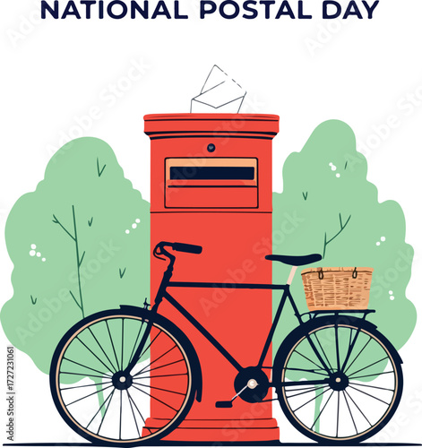 National Postal Day illustration with red mailbox, letter, black bicycle, and green bushes — traditional mail delivery scene