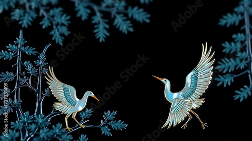 Elegant Korean lacquerware art with cranes and floral patterns on black background