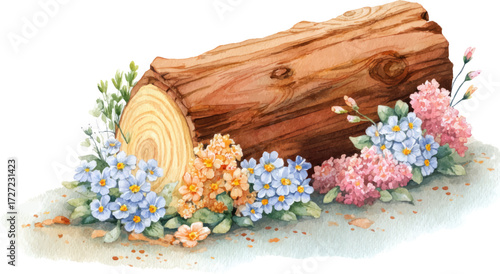 Watercolor illustration of a cute wooden log with flowers, clipart
