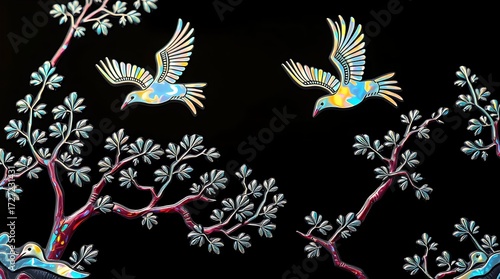 Elegant Korean lacquerware art with cranes and floral patterns on black background