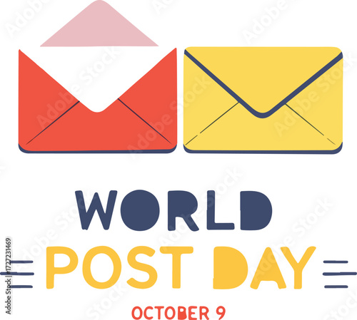 World Post Day illustration with red and yellow envelopes, heart letter, bold typography, and October 9 date — festive design
