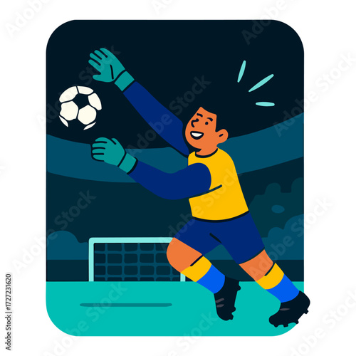 Goalkeeper Making Save — Soccer Goalie Dive at Night Stadium, Cartoon Vector