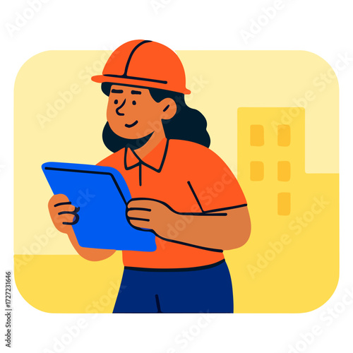 Female Construction Engineer with Helmet — Site Inspection Using Tablet Vector