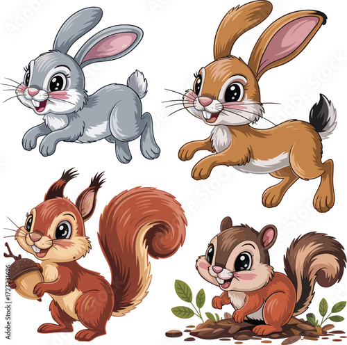 set of vector Rabbit, Hare, Squirrel, Chipmunk on white background