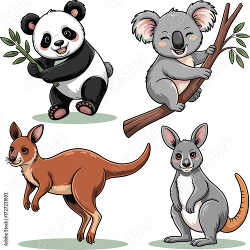 set of vector Panda, Koala, Kangaroo, Wallaby on white background